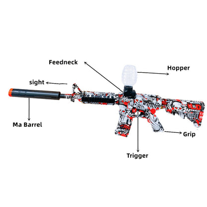 Red-White-and-Black Rifle-Style Electric Gel Blaster Set with Hopper, Stock, Barrel, Goggles and USB Cable