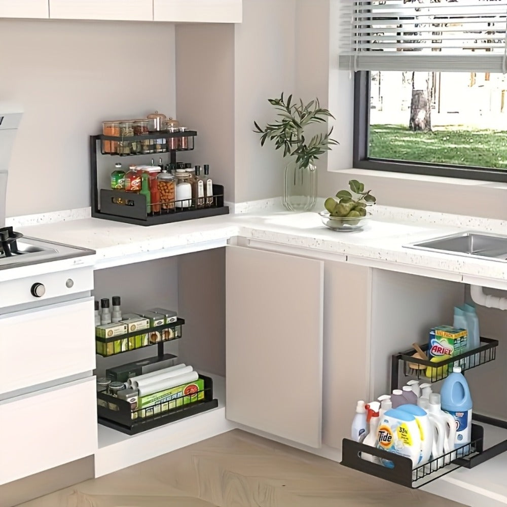 Under Sink Storage Organizer 2-Tier Slide-Out Shelf in 1 or 2 Packs and Three Color Options