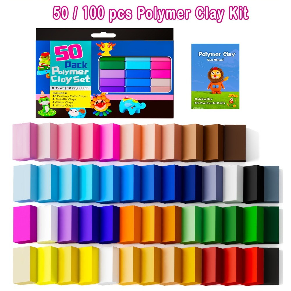 Polymer Clay Kit 50 or 100 Vibrant Colors, Oven Bake Modeling Clay with the Listed Color, Size or Set Options for Everyday Use