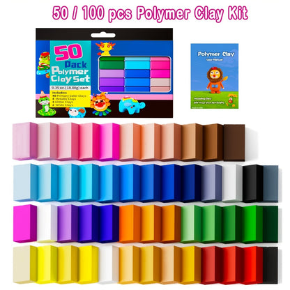 Polymer Clay Kit 50 or 100 Vibrant Colors, Oven Bake Modeling Clay with the Listed Color, Size or Set Options for Everyday Use