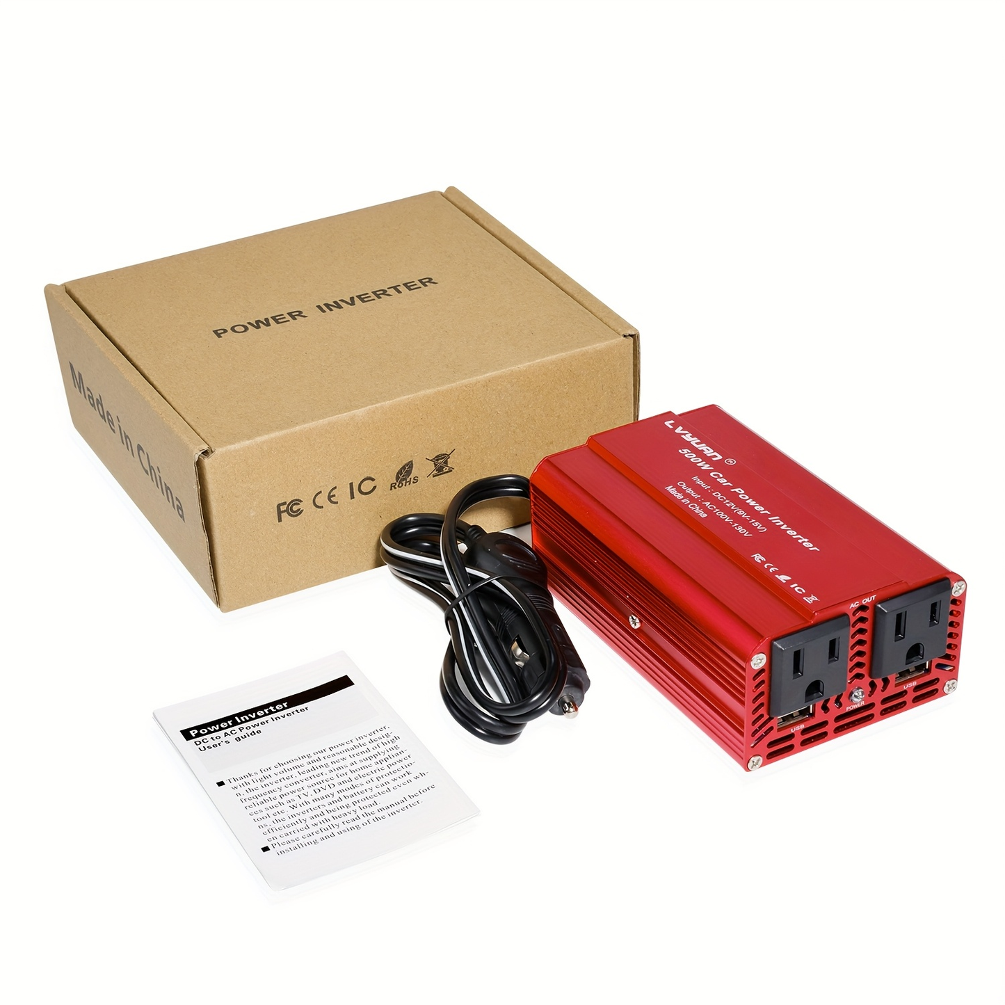 Black or Red 12V DC to 110V AC Power Inverter with 500W or 2500W Model Options, Display and USB Port
