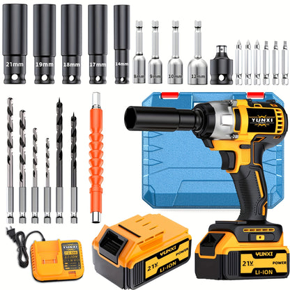 Cordless Impact Wrench 21V Brushless Electric Drill Set with 4000mAh Battery, Toolbox & Full Accessories