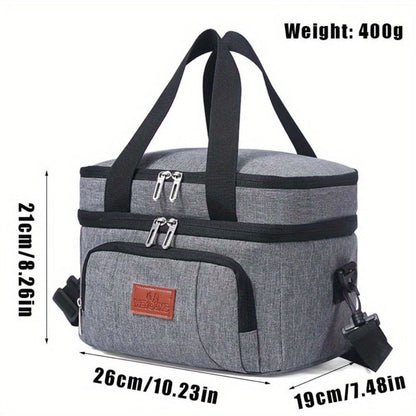 Double-Deck Lunch Tote with Front Pocket and Shoulder Strap in Gray, Blue, Black or Pink Options