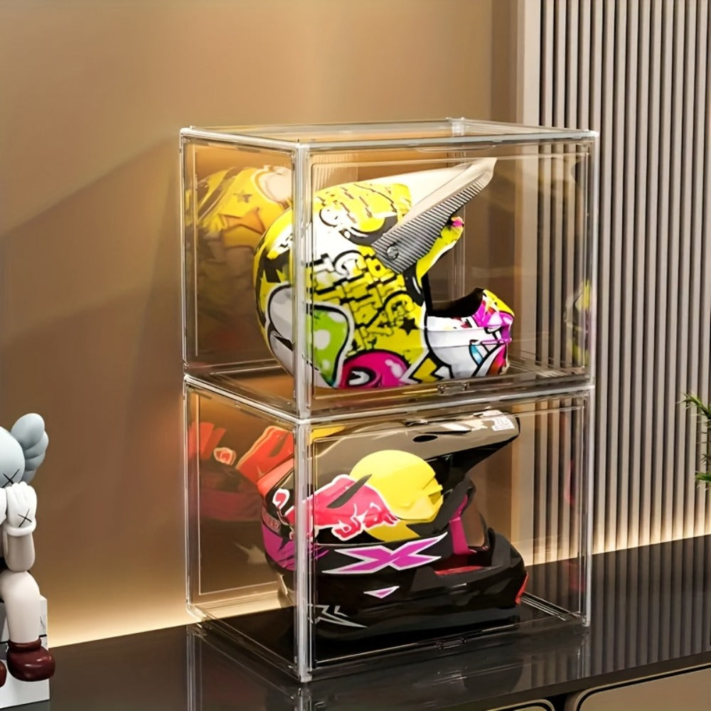 XL Clear Stackable Acrylic Storage Bins with Magnetic Lid – Dustproof Large Display Case for Figures, Collectibles, Helmets, Shoes, Bags