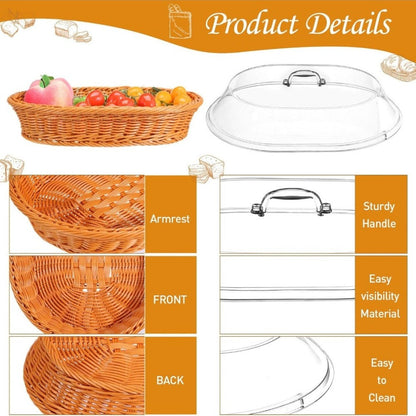 Woven Bread Basket with Lid Oval Rattan Food Basket for Serving Storage Fruits Vegetables Kitchen Dining Table Decor