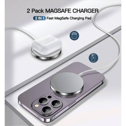 Two-Piece Silver-Tone Magnetic Wireless Charging Pad Set with Round Faces and Pictured USB Cables
