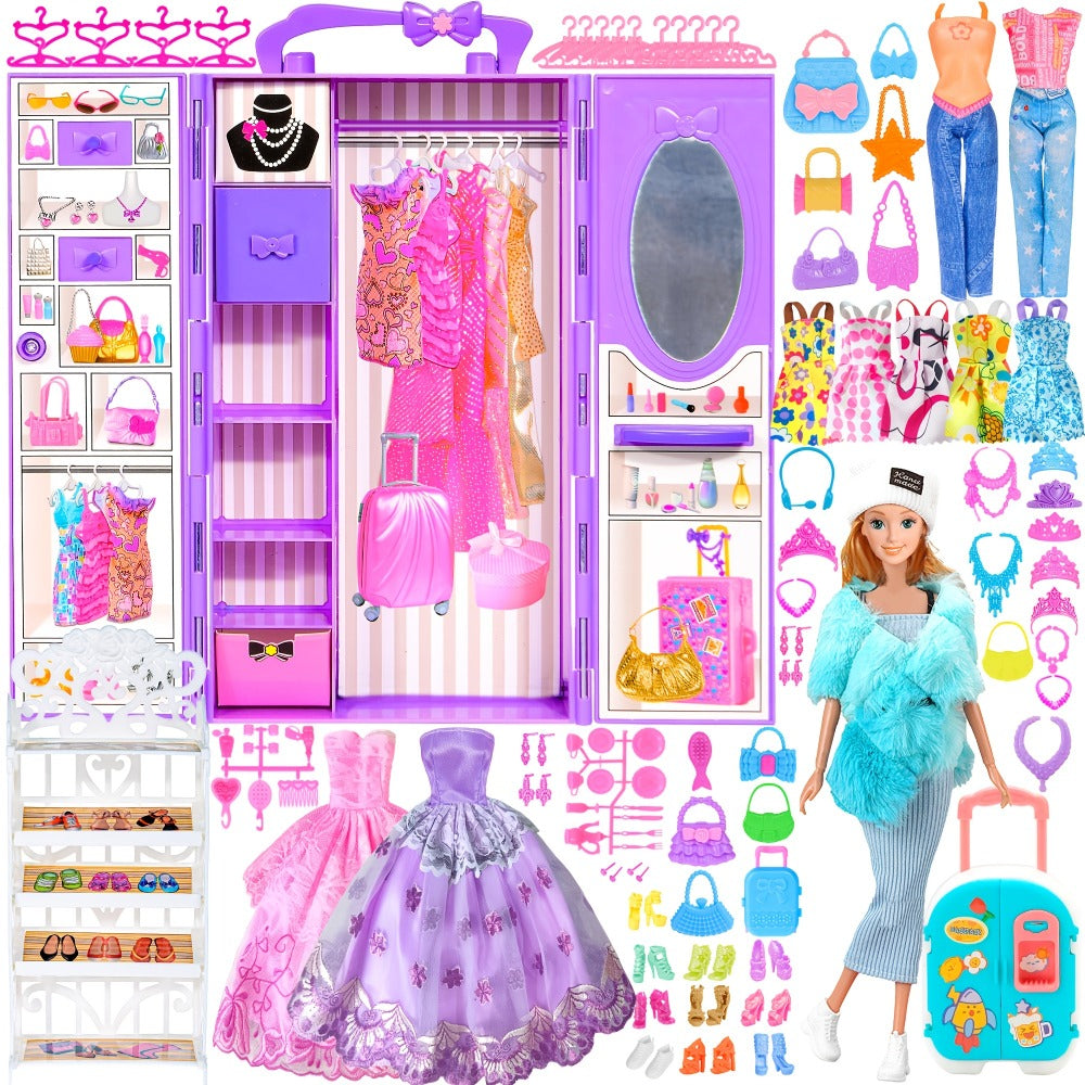 Doll Closet Playset 108 Piece with 11.5 Inch Fashion Doll Purple Wardrobe Wedding Gowns Shoes Handbags Crowns & Accessories