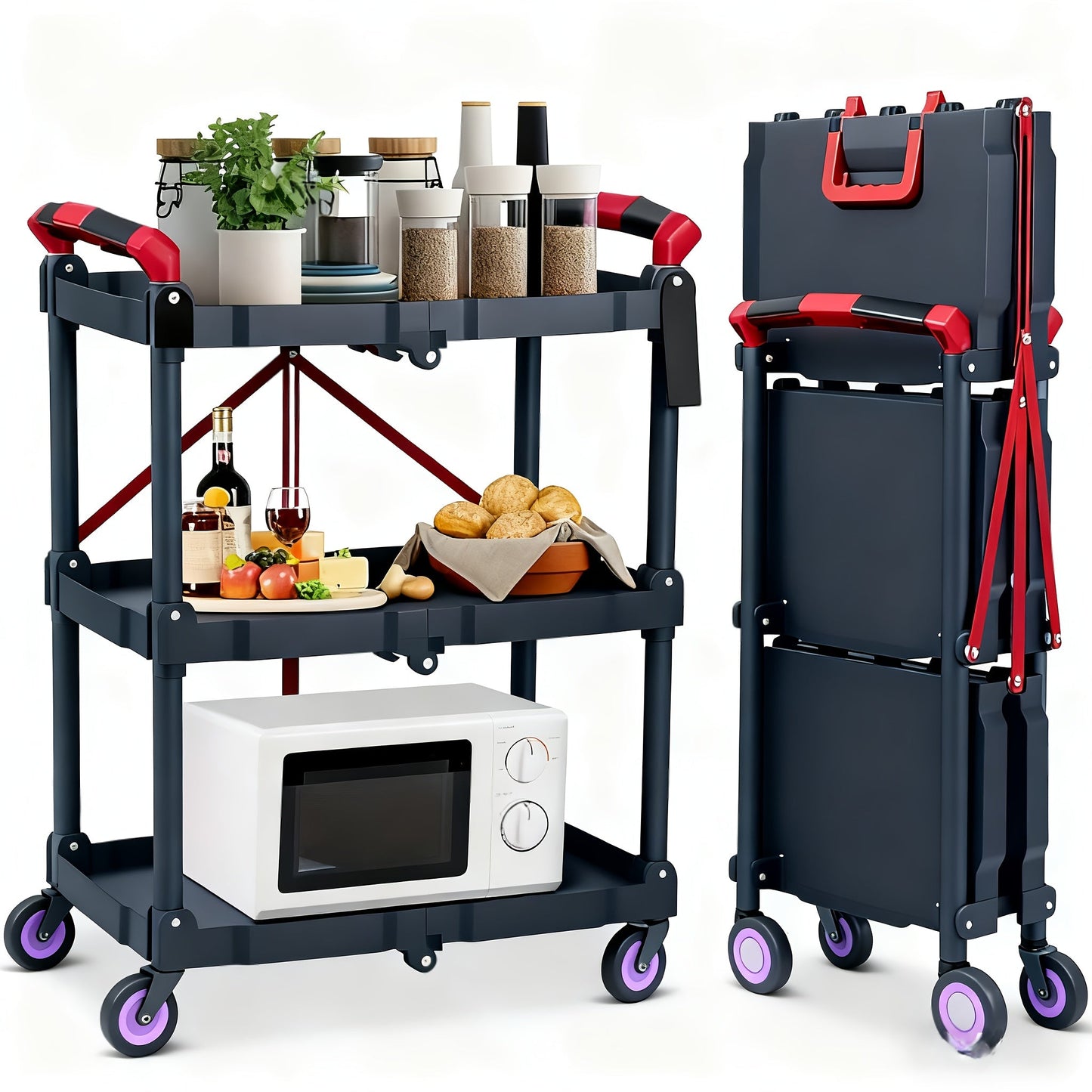3-Tier Rolling Cart Collapsible Service Utility Cart on Wheels, Portable Folding 3 Shelf Cart for Kitchen Office Garage Workshop