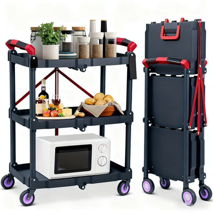 3-Tier Rolling Cart Collapsible Service Utility Cart on Wheels, Portable Folding 3 Shelf Cart for Kitchen Office Garage Workshop