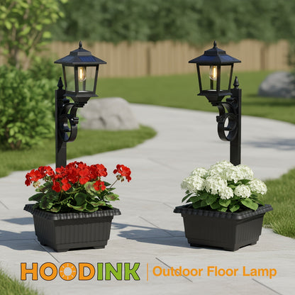 Solar Garden Light HOODINK Black Flower-Pot Lamp Post with Solar Panel, IP44 Label and 1- or 2-Pack Options