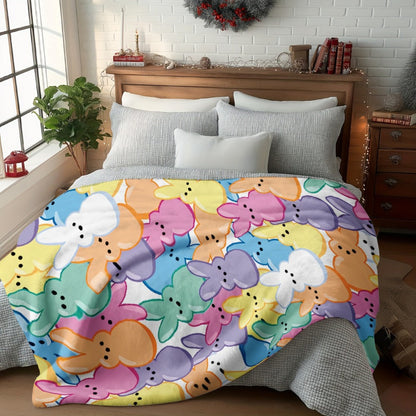 Pastel Rabbit Print Throw Blanket with Repeating Multicolor Bunny Design in Four Rectangular Size Options