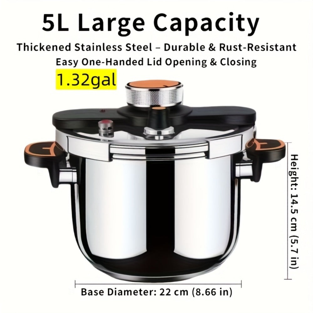 Pressure Cooker Stainless Steel with One-Twist Lock Lid, Induction & Gas Compatible Stew Pot in 1.32gal
