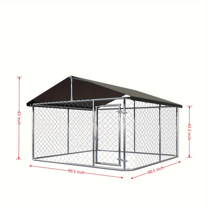 Outdoor Dog Kennel Enclosure Heavy Duty – Galvanized Steel Wire Mesh Dog Cage with Rain & UV-Proof Roof Cover, Secure Lock & Ground Nails