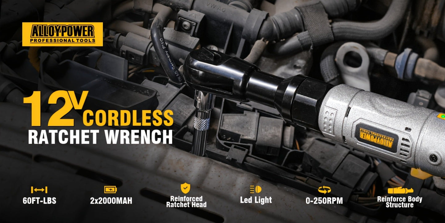Cordless Electric Ratchet Wrench Set 3/8 Inch 12V 60 Ft-Lbs Power Ratchet Tool Kit with 2 Batteries