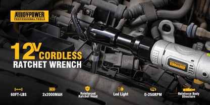 Cordless Electric Ratchet Wrench Set 3/8 Inch 12V 60 Ft-Lbs Power Ratchet Tool Kit with 2 Batteries