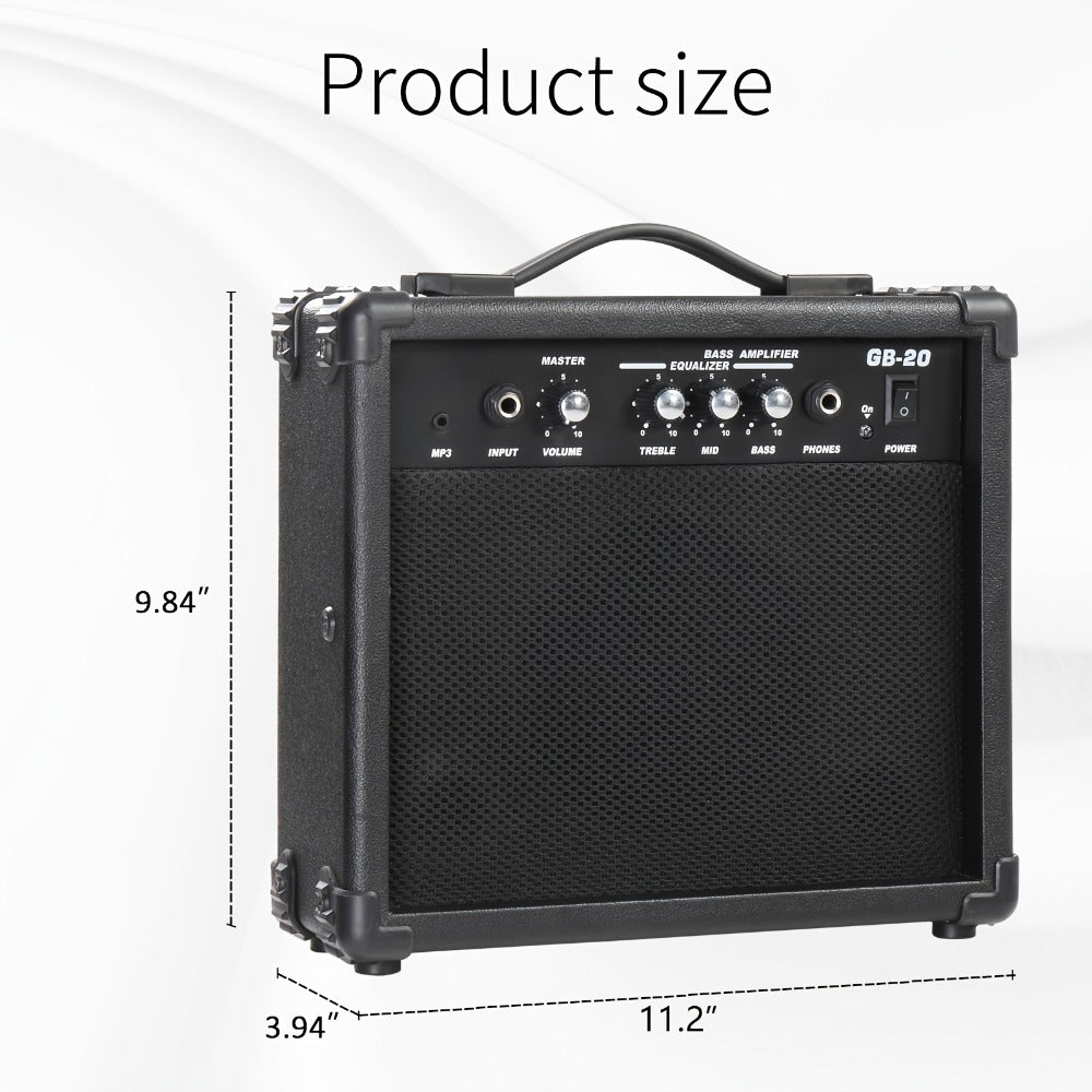 20W Electric Bass Guitar Amplifier with 6.5-Inch Speaker, Volume Treble Bass Middle Controls, Headphone Output Jack