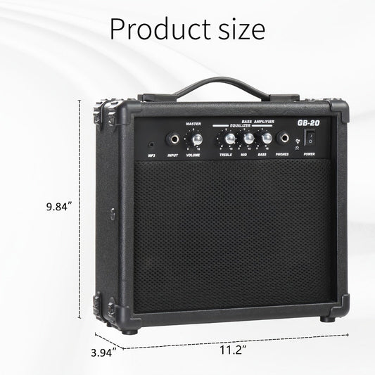 20W Electric Bass Guitar Amplifier with 6.5-Inch Speaker, Volume Treble Bass Middle Controls, Headphone Output Jack