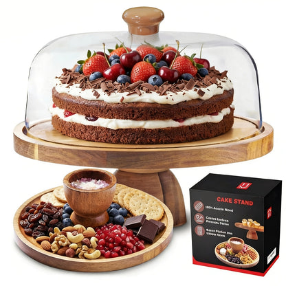 Acacia Wood Cake Stand with Clear Acrylic Dome, 11.8-Inch Round Reversible Serving Board and Pedestal Base