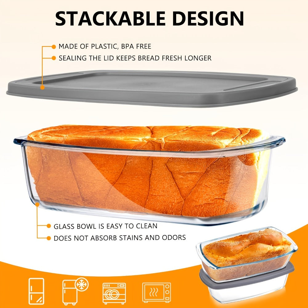 Glass Loaf Pan Set with Lids, 4pcs Stackable 1.9 QT Bread Baking Dish with Airtight Lid, Oven Microwave Dishwasher Safe Glass Food Storage
