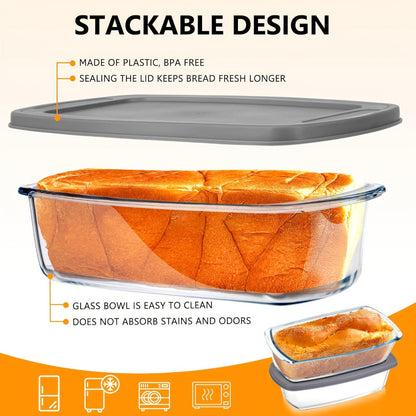 Glass Loaf Pan Set with Lids, 4pcs Stackable 1.9 QT Bread Baking Dish with Airtight Lid, Oven Microwave Dishwasher Safe Glass Food Storage