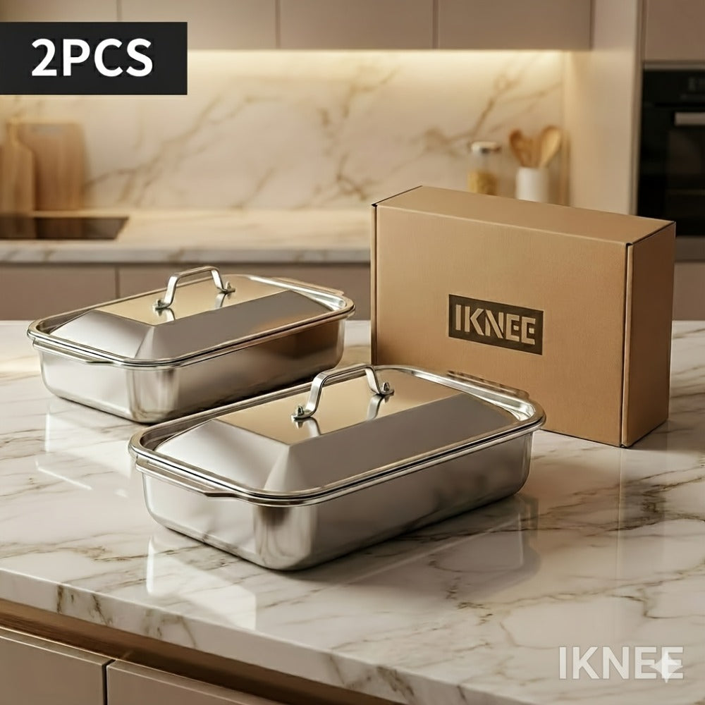 Stainless Steel Baking Pan Set 4-Piece, 2 Deep Roasting Pans & 2 Lidded Pans with Handles for Entryways, Bedrooms and Living Spaces