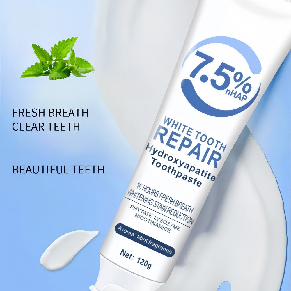Six-Pack 120g Mint Toothpaste Tubes with 7.5% Hydroxyapatite and SP-8 Probiotics Package Labels