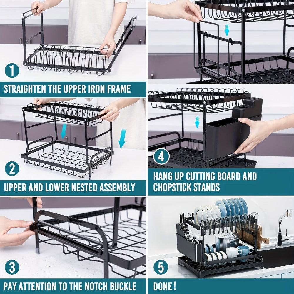 2-Layer Dish Drying Rack Kitchen Countertop Organizer – Dish Drain Rack with Knife Holder, Cup Rack & Cutlery Holder for Bowls