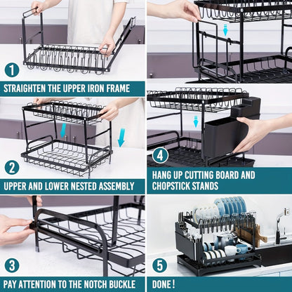 2-Layer Dish Drying Rack Kitchen Countertop Organizer – Dish Drain Rack with Knife Holder, Cup Rack & Cutlery Holder for Bowls