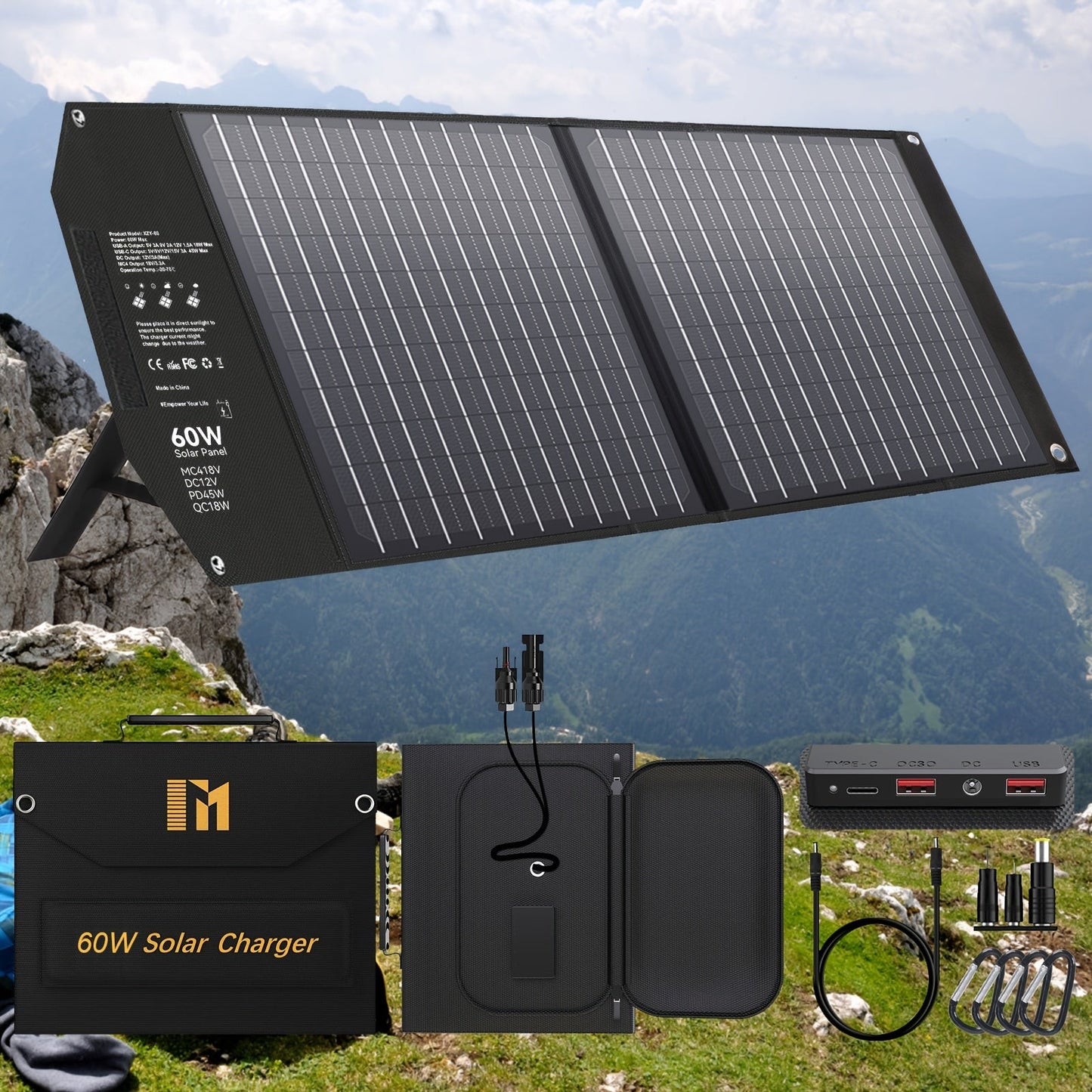 Portable Solar Panel Charger 30W 60W 100W Foldable Camping Solar Charger with 18V MC4 Dual USB-A QC3.0 USB-C PD18W Ports for Camping RV