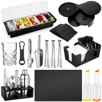 28-Piece Bartender Tool Set with Cocktail Shaker, Three-Tier Glass Rimmer, Garnish Tray and Organizers