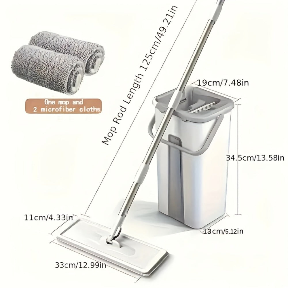 Flat Mop and Bucket Set with Wringer Metal Handle 2 Reusable Microfiber Pads Floor Mopping for Home Cooking, Dining and Outdoor Meals