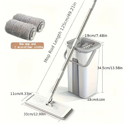 Flat Mop and Bucket Set with Wringer Metal Handle 2 Reusable Microfiber Pads Floor Mopping for Home Cooking, Dining and Outdoor Meals