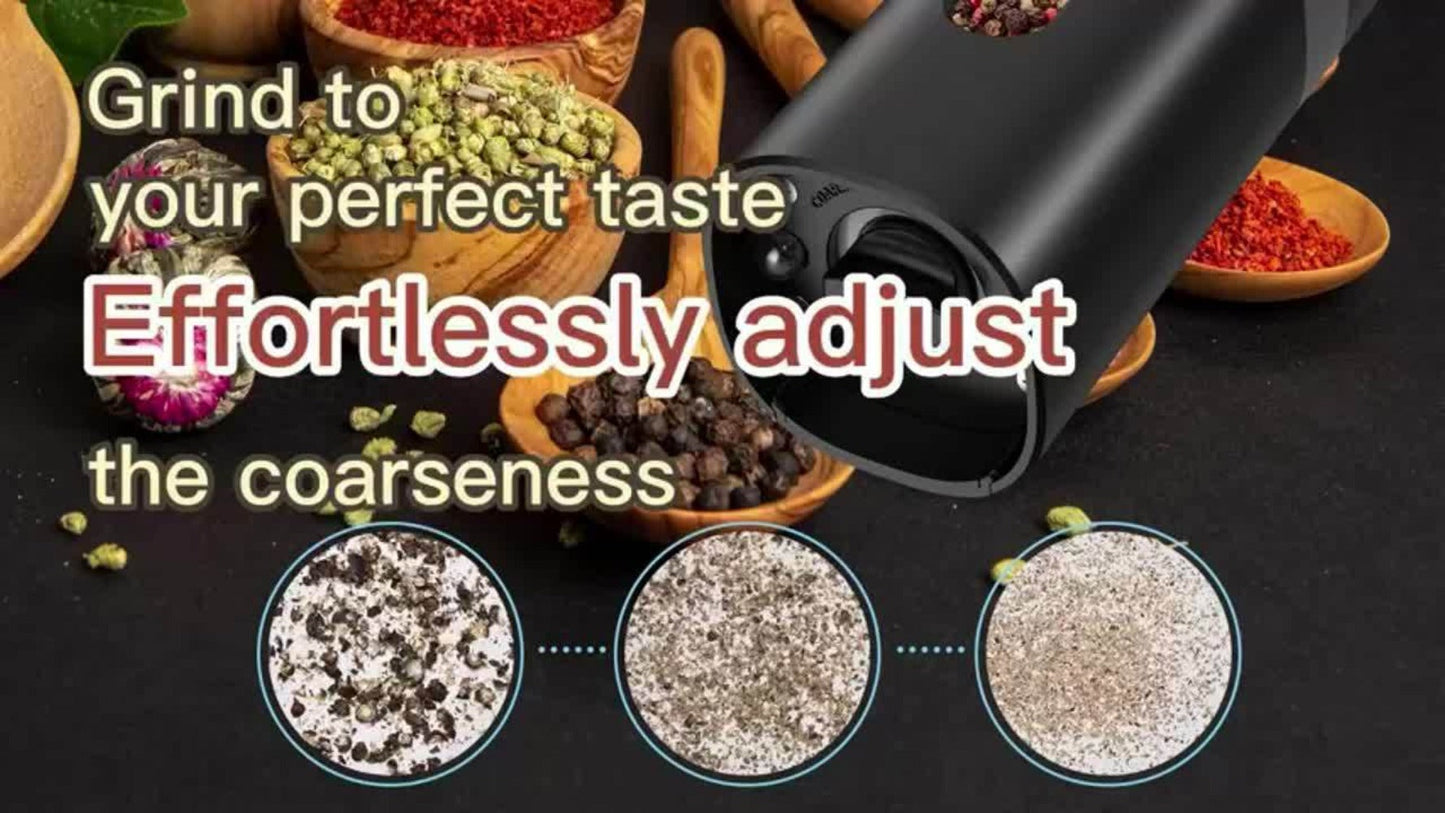 Electric Salt and Pepper Grinder Set 2-Pack Rechargeable with Charging Base & White Light - One-Hand Operation