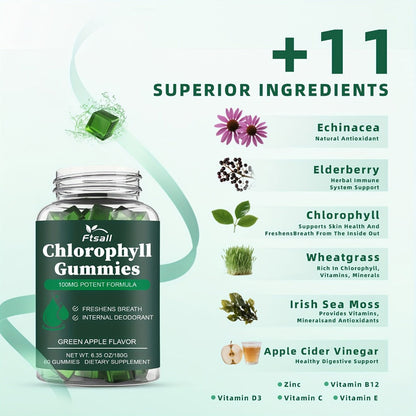 Chlorophyll Gummies 60 Count with Vitamin C D3 E B12 Zinc Irish Sea Moss Elderberry Echinacea & Apple Cider Vinegar