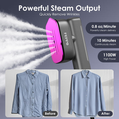 1100W Garment Steamer Handheld Portable Steam Iron 20-Second Rapid Steam 10.14oz Large Water Tank Stainless Steel Panel Wrinkle Remover