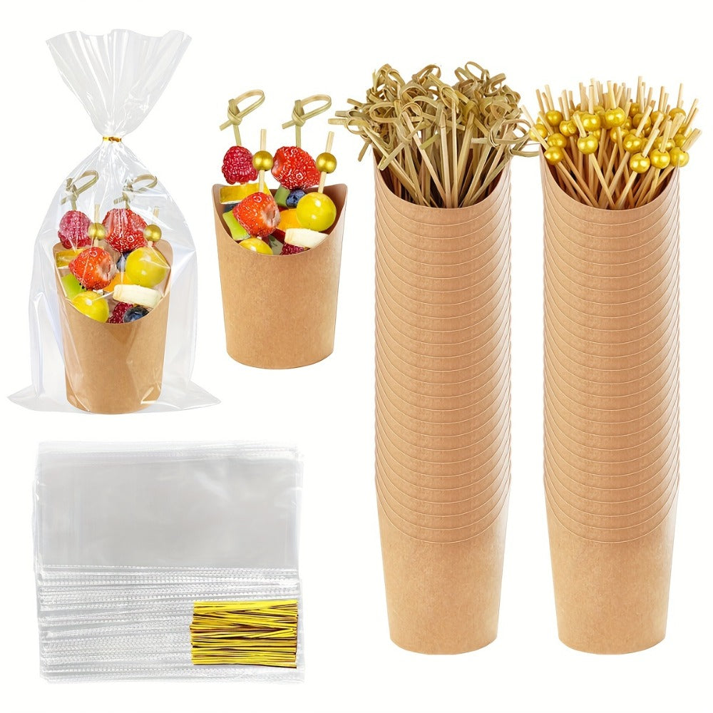 50-Set Kraft-Style Snack Cup Kit with 8-Ounce Cups, Clear Bags and Assorted Serving Picks for Parties