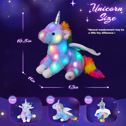 Plush Toy Rainbow Unicorn with LED Glow and Choice of Music or No-Music Light-Up choices for Bedtime