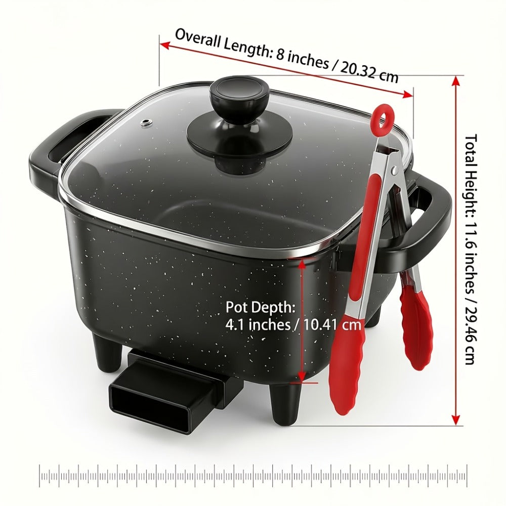 Electric Mini Square Hot Pot 8-Inch Non-Stick Speckled Coating Glass Lid Cool-Touch Handle for Home Cooking, Dining and Outdoor Meals