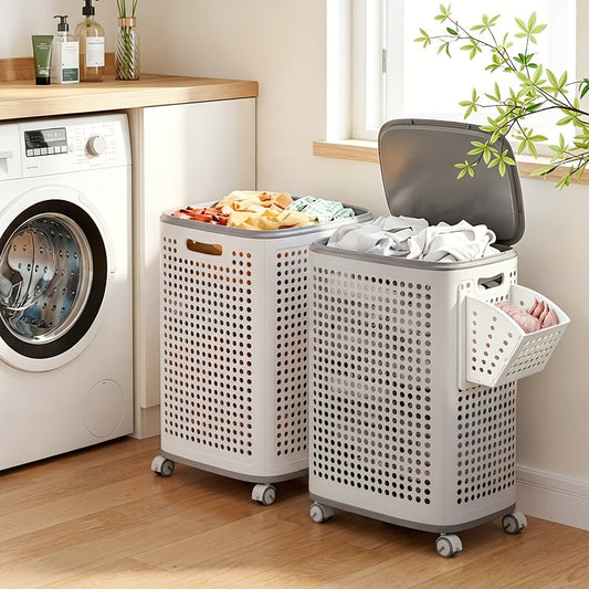 Wheeled Laundry Hamper Large Foldable with Dividers & Dust-Proof Lid – 360° Breathable Mesh Basket on Wheels, Reinforced Steel Base