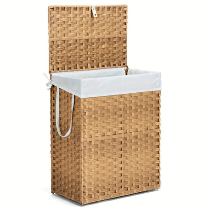 Lidded Woven Laundry Hamper with Removable Liner in Goose Yellow or Dove Gray and Two Capacity Labels
