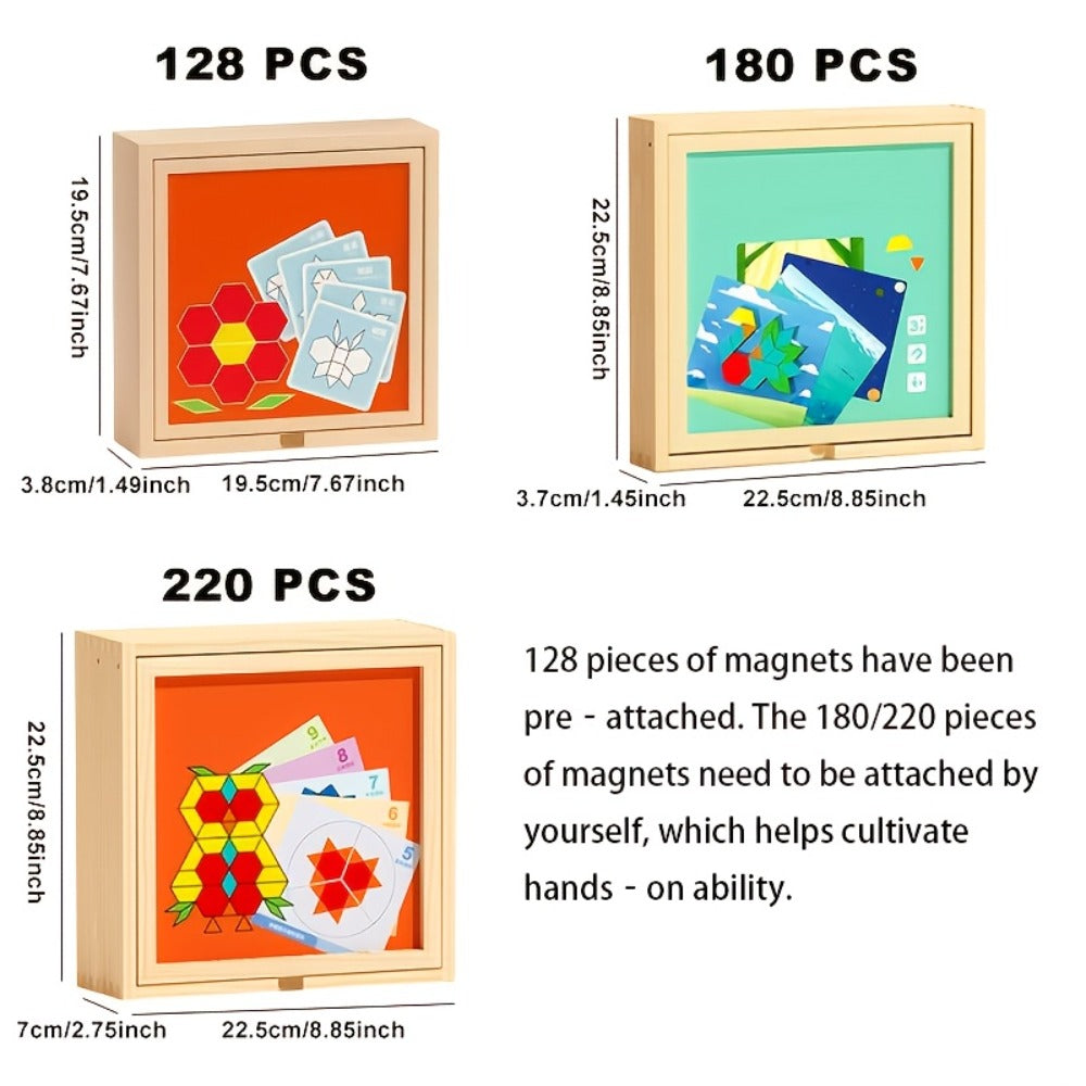 Magnetic Wooden Puzzle Blocks 128 180 220 Piece Set, Geometric Figures Cognitive Learning STEM Toy for Kids