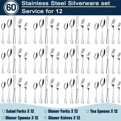 Stainless Steel Silverware Set 20 or 60 Piece – Heavy Duty Commercial Grade, Dishwasher Safe, Rust-Proof & Non-Toxic Bulk Kitchen Tableware