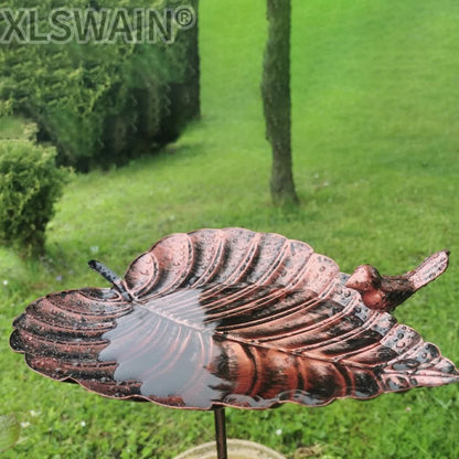 20-Inch Copper-Look Leaf Bird Bath with Bird Accent and Two-Prong Garden Stake for Yard and Lawn