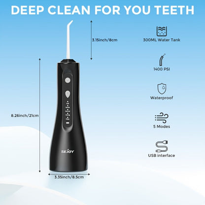 Water Flosser SEJOY Cordless Oral Irrigator with 300ml Tank, Five Modes, Five Nozzles, 1800mAh Battery and USB Charging