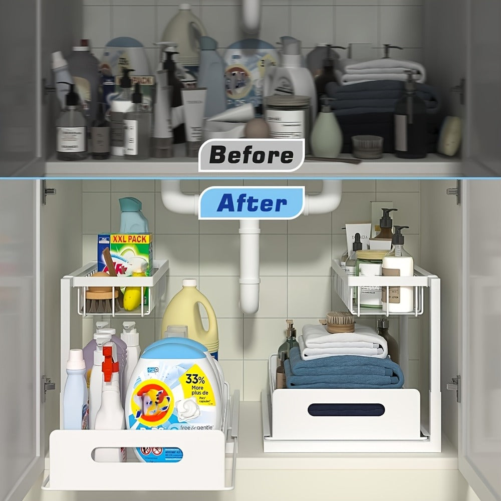 L-Shaped Pull-Out Cabinet Organizer with 14.4 x 10.6 x 11 Inch Frame, 7 Inch Pipe Clearance and 1- or 2-Piece Options