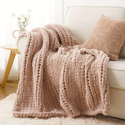 Chunky Chenille Cable Knit Throw Blanket, 350-400gsm Crochet Throw for Sofa, Bed & Couch, Vintage Patchwork