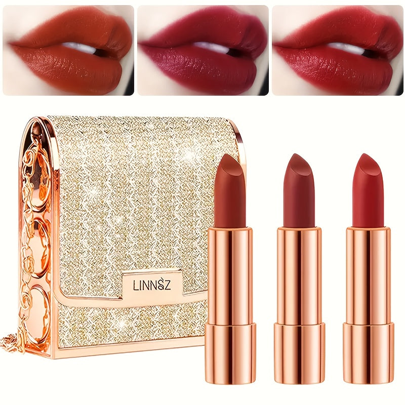 Matte Lipstick Gift Set 3pcs in Silvery Chain Bag Box, Velvet Finish Waterproof Red Lip Color, Conditioning Formula 3.5g Each