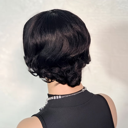 Pixie Cut Wig Human Hair with Bangs Glueless Short Brazilian Layered Machine Made Throw-On-and-Go Hairpiece Natural Black 1B Medium Brown #4