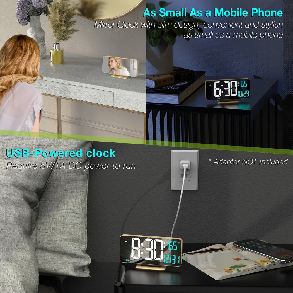 Large Digital Alarm Clock 6.7" with Dual Alarm & Dimmable LED Display, USB Powered Desk Clock with Temperature