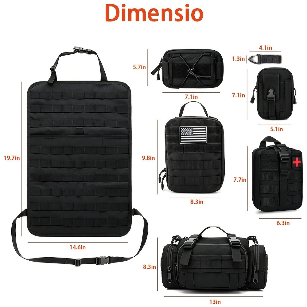 Black MOLLE-Style Seatback Car Organizer Panel with Five Detachable Pouches and Six Keychains